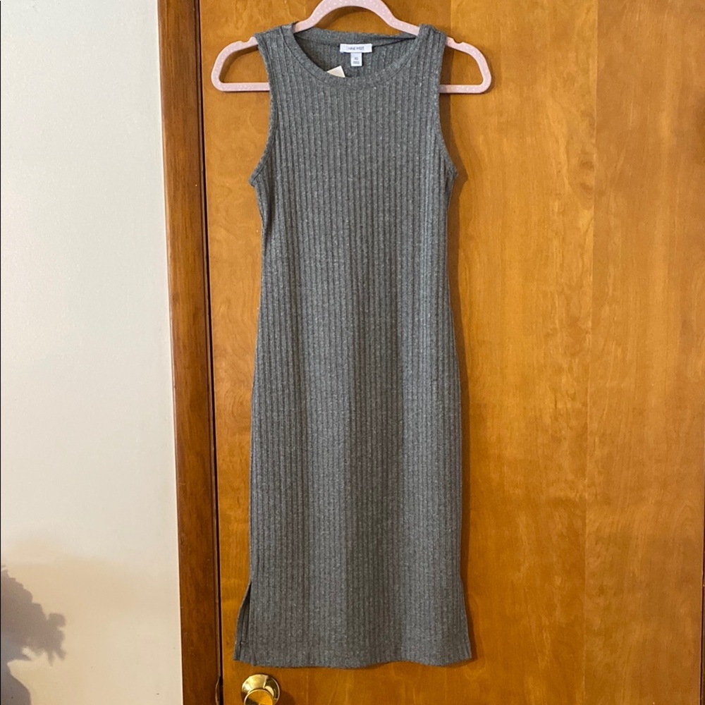 Nine West Gray Ribbed Knit Midi Dress